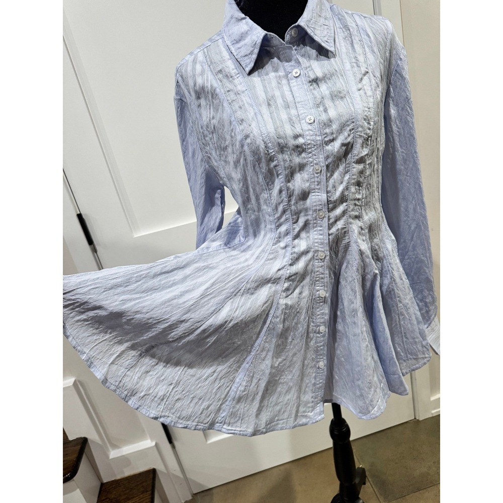 Maeve Anthropologie Blue Striped Peplum Button Down Blouse Shirt Womens Medium